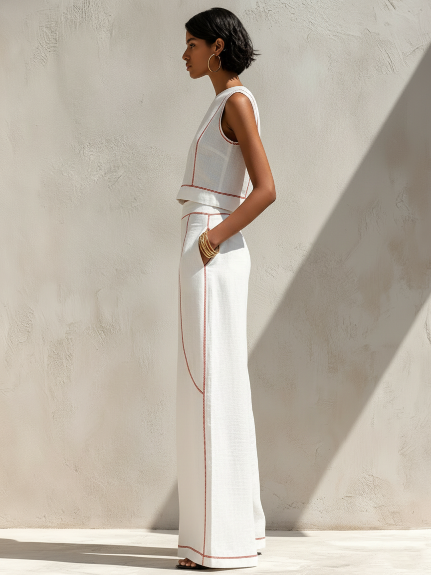 Women's Minimalist Linen-Blend Contrast-Stitched Blouse & Wide-Leg Pants Set