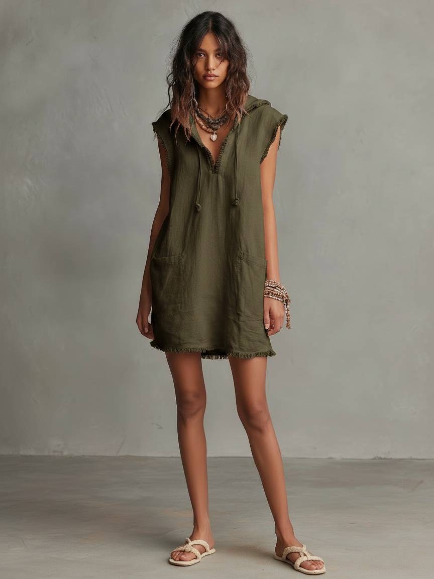 Women's Minimalist Linen-Blend Mini Dress — Hooded, Sleeveless, Raw Hem