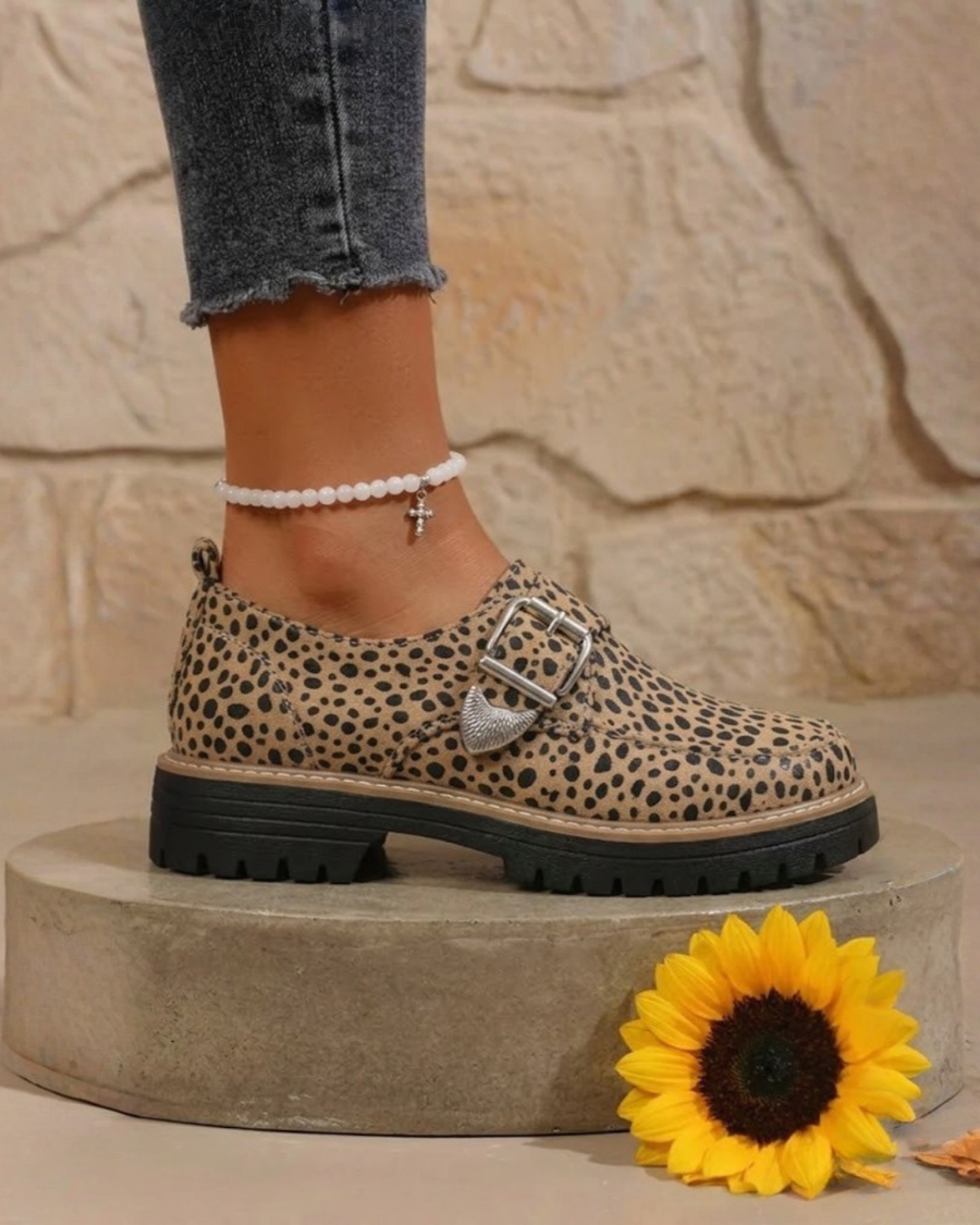 Leopard Print Buckle Strap Decor Round Toe Casual Loafers