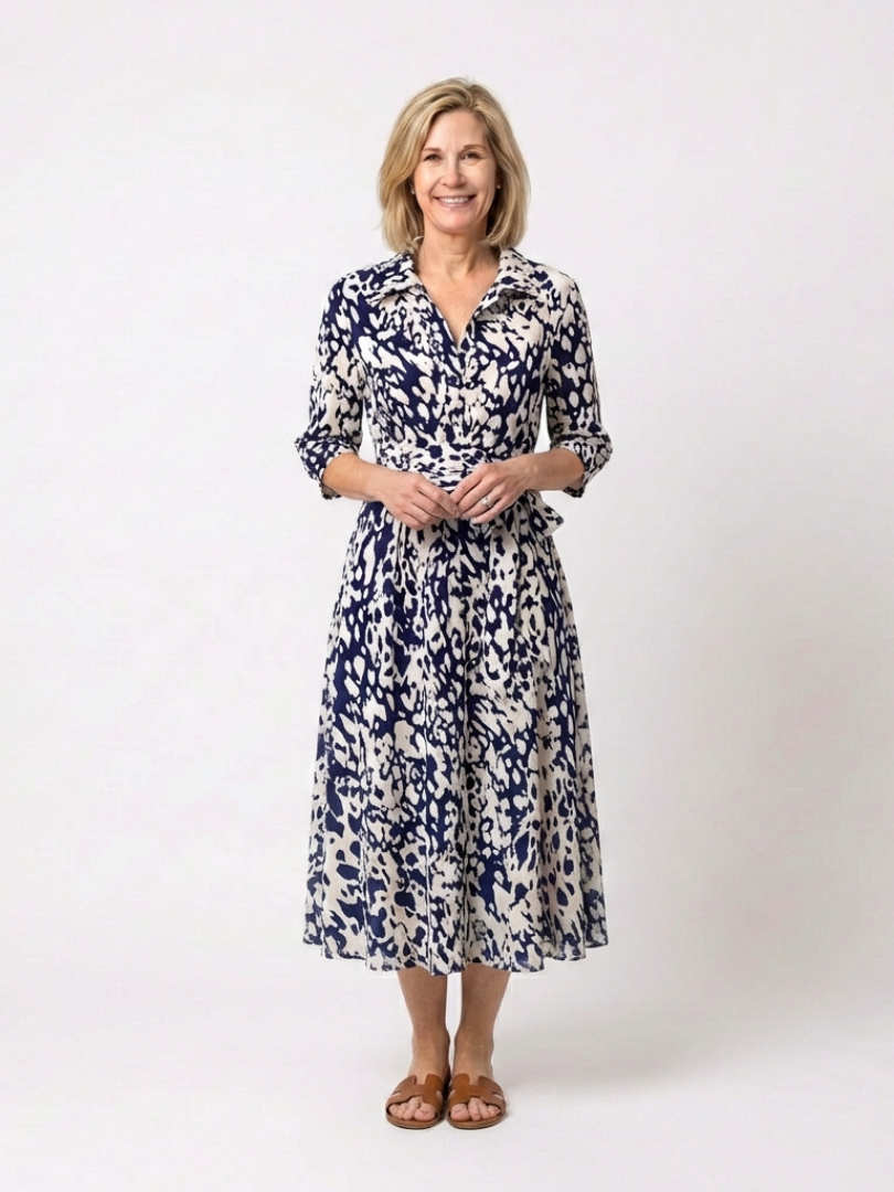 Oriana | Robe midi à col, manches longues et lien à la taille
