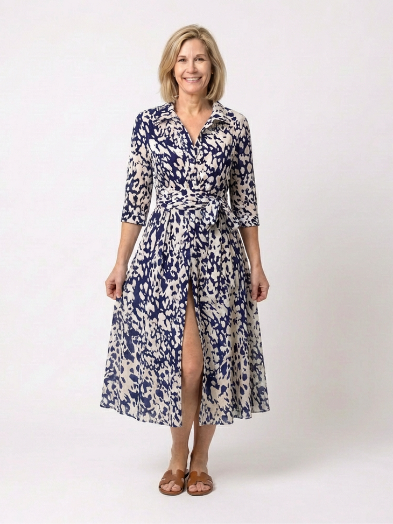 Oriana | Robe midi à col, manches longues et lien à la taille