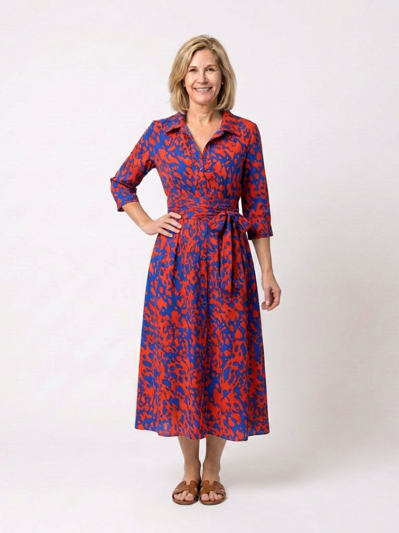 Oriana | Robe midi à col, manches longues et lien à la taille
