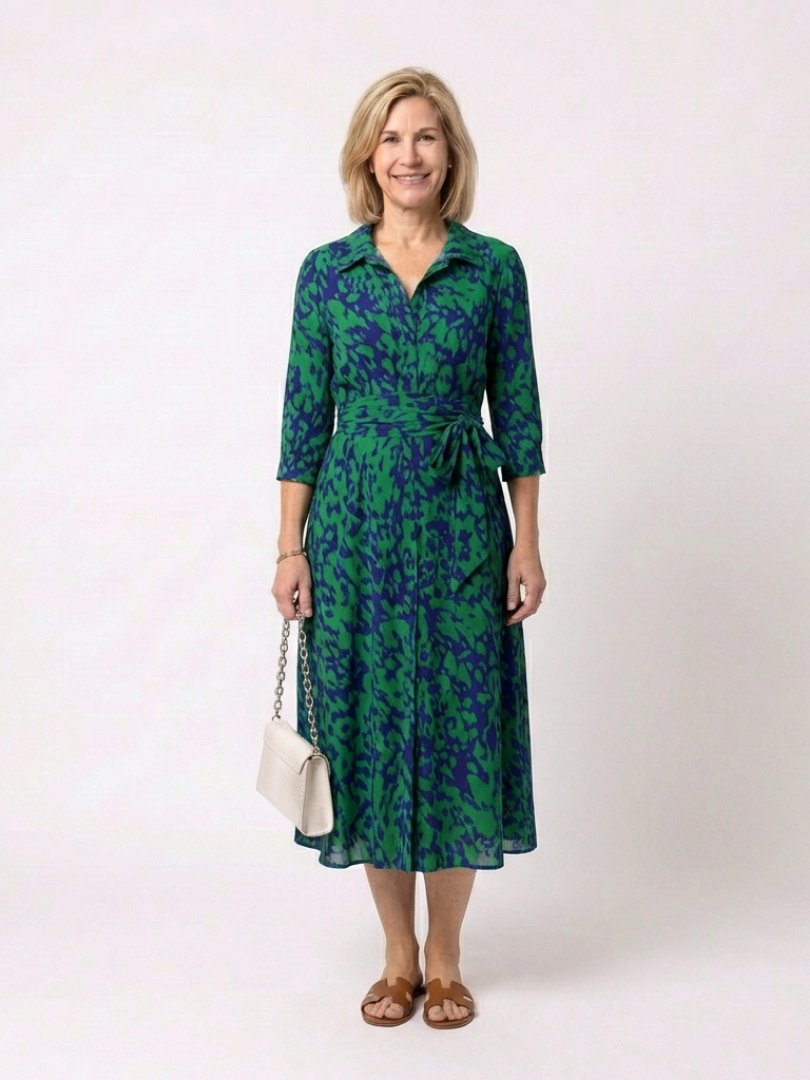 Oriana | Robe midi à col, manches longues et lien à la taille