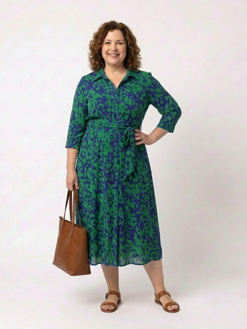 Oriana | Robe midi à col, manches longues et lien à la taille