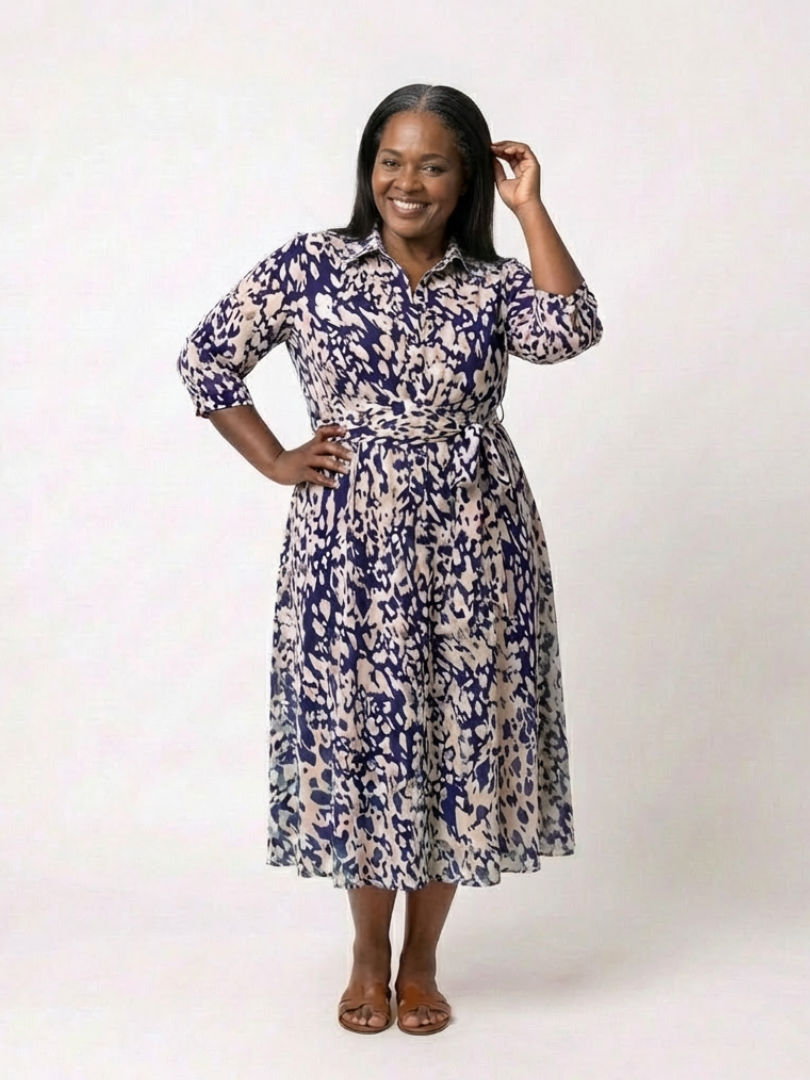 Oriana | Robe midi à col, manches longues et lien à la taille