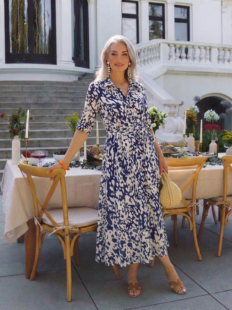 Oriana | Robe midi à col, manches longues et lien à la taille