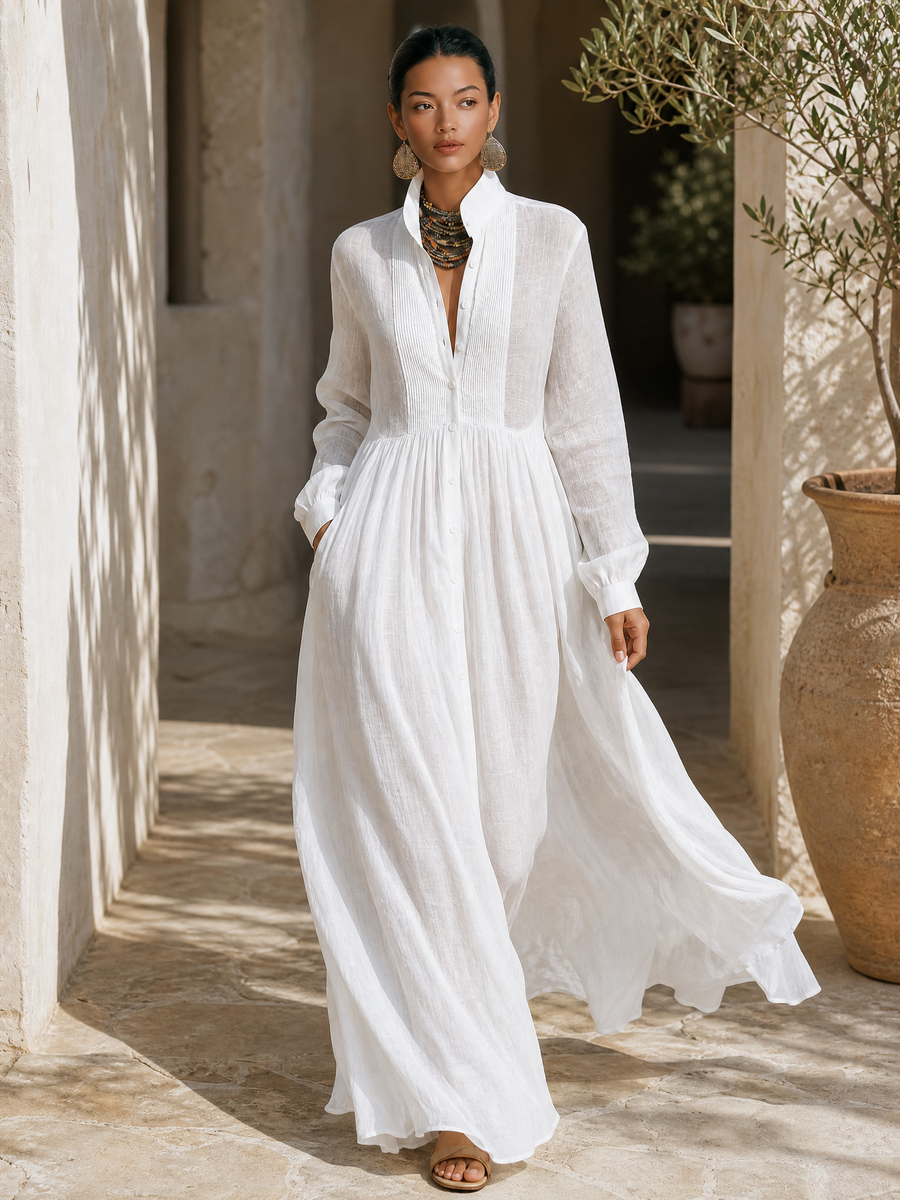 Women's Minimalist Cotton And Linen Patchwork Single-breasted Stand-up Collar Long-sleeved Maxi Dress