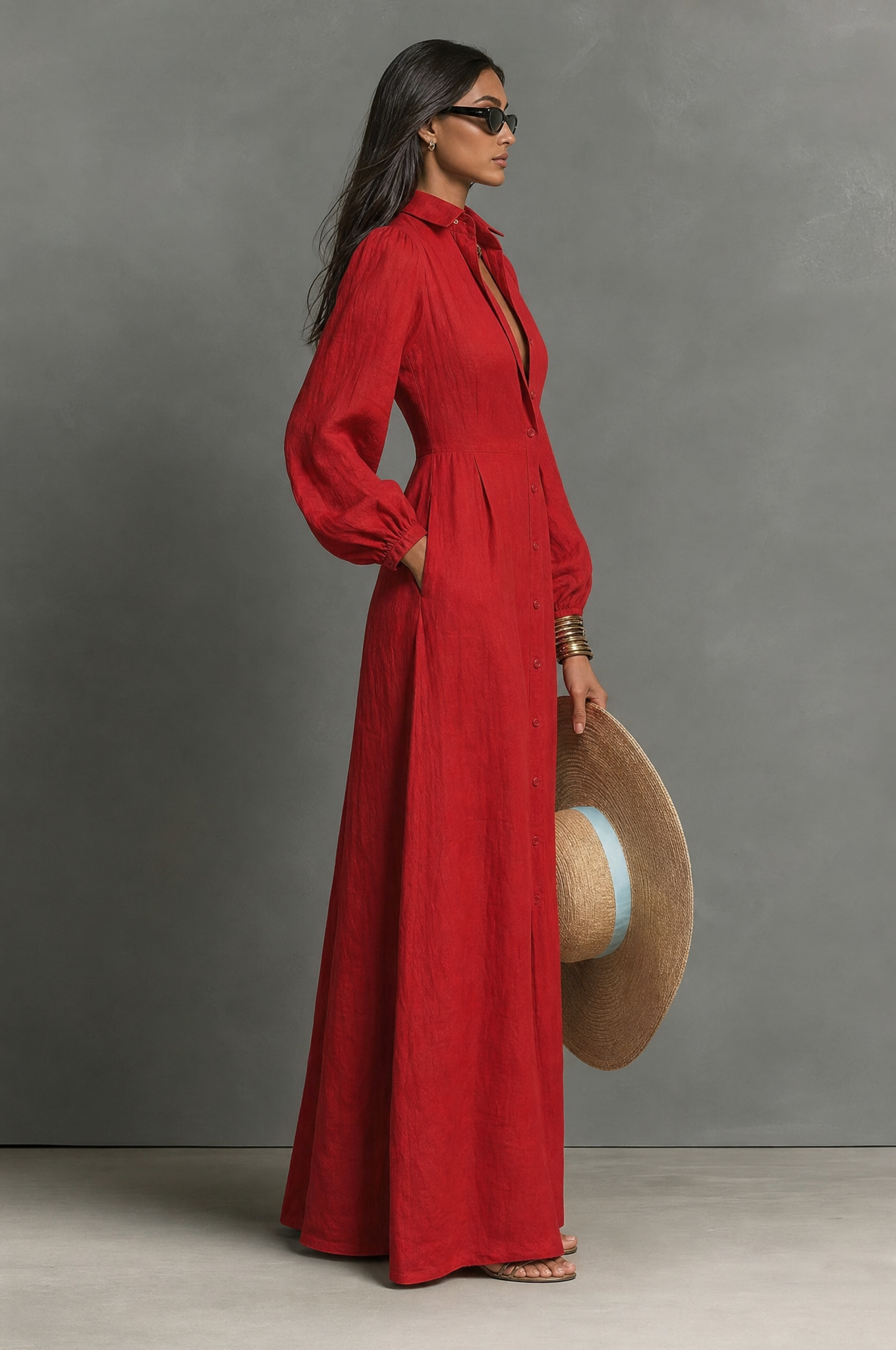 Women's Minimalist Single-breasted Long-sleeve Maxi Dress With A Fitted Waist