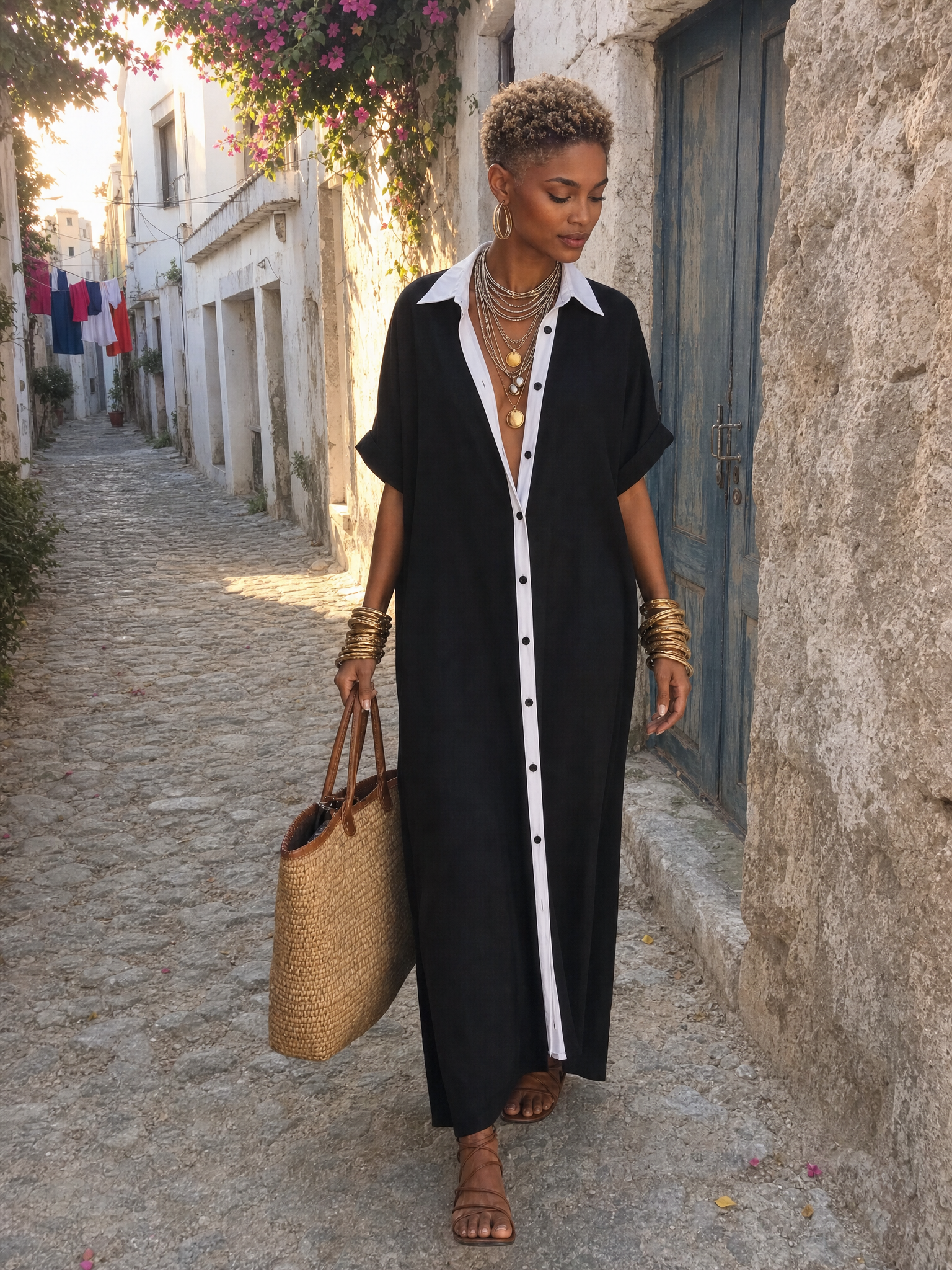 Women's Minimalist Linen Blend Short-sleeved Shirt Maxi Dress