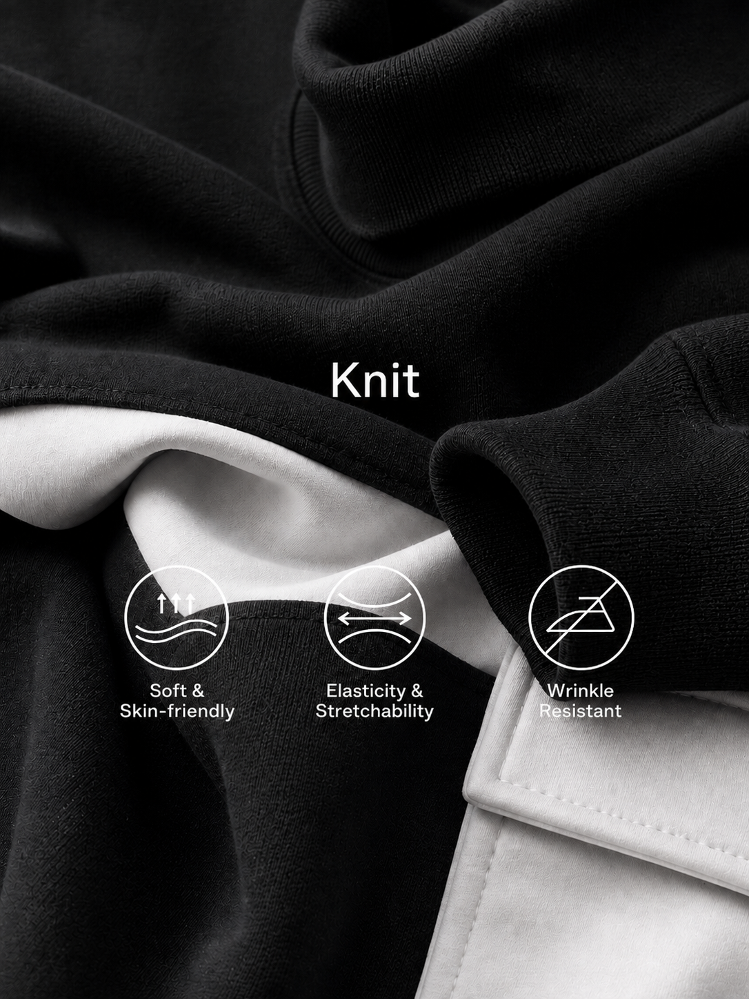 Women’s Black Cotton Knit Oversized High Neck 3/4 Sleeve Sweatshirt & Elastic Cuff Color Block White Patch Pocket Jogger Cargo Pants Two Piece Tracksuit Set