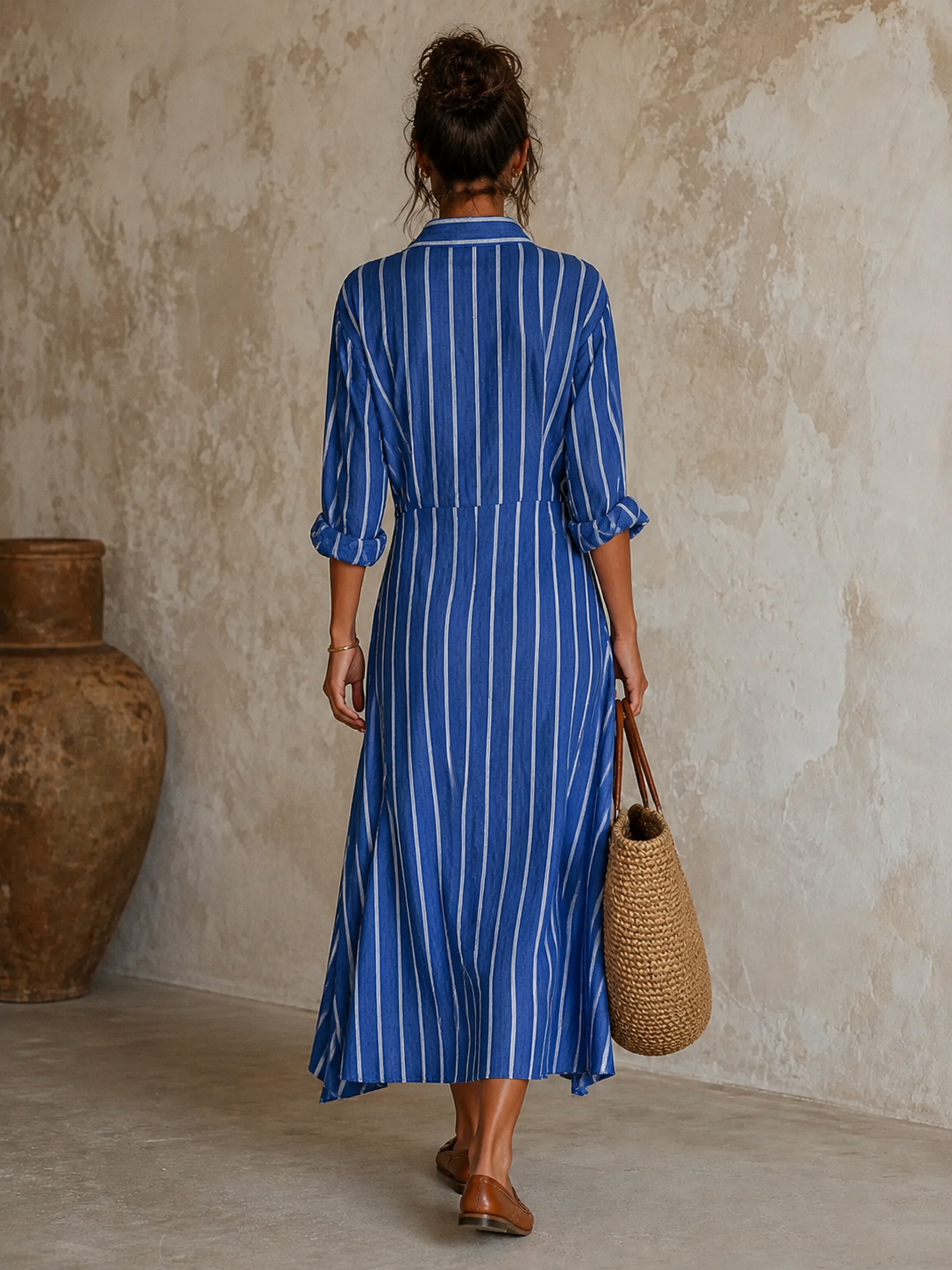 Women's Minimalist Striped Single-Breasted Long-Sleeve Midi Dress With Asymmetric Hem
