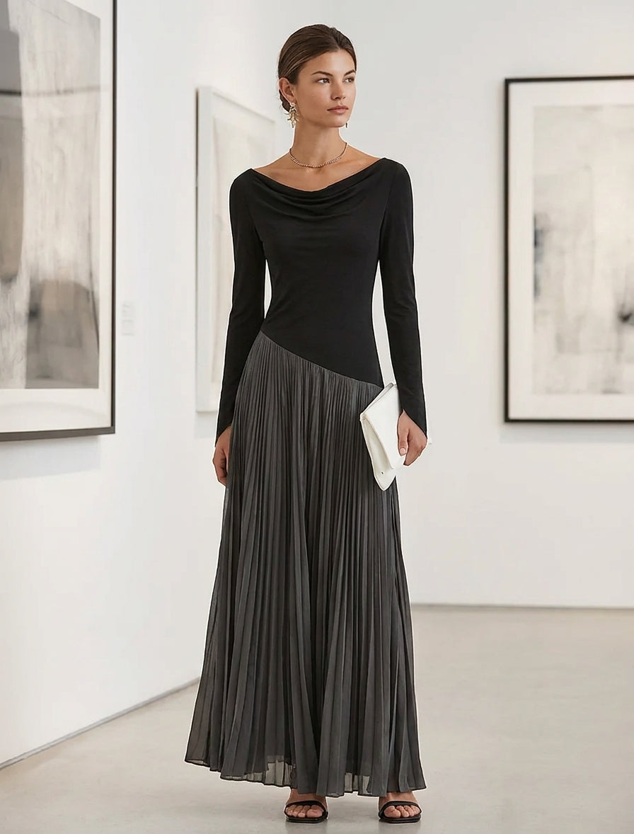 Women's Minimalist Two-Tone Color-Block Maxi Dress With Drape Neckline