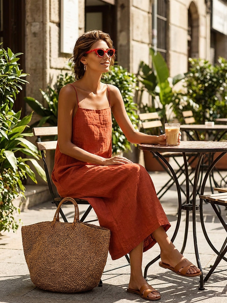 Women's Red Cotton Dress With Spaghetti Straps & Square Neck, Timeless Boho-Resort Style Dress