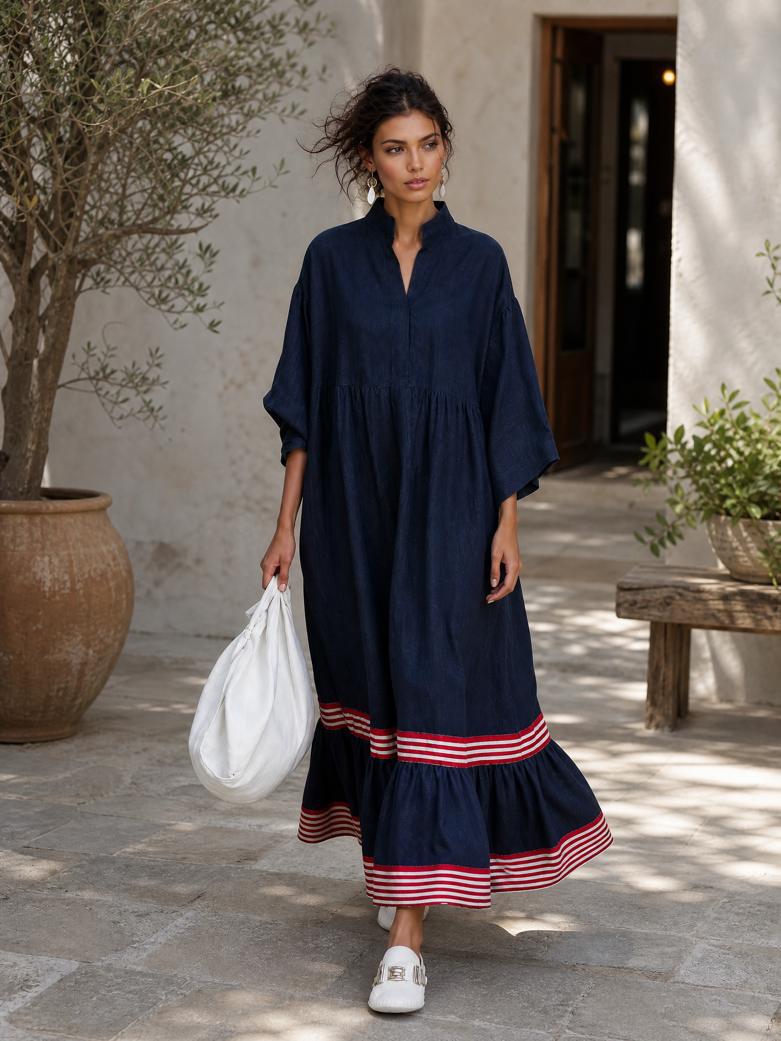 Women's Minimalist Linen-Blend Long-Sleeve Maxi Dress With Striped Hem Panel
