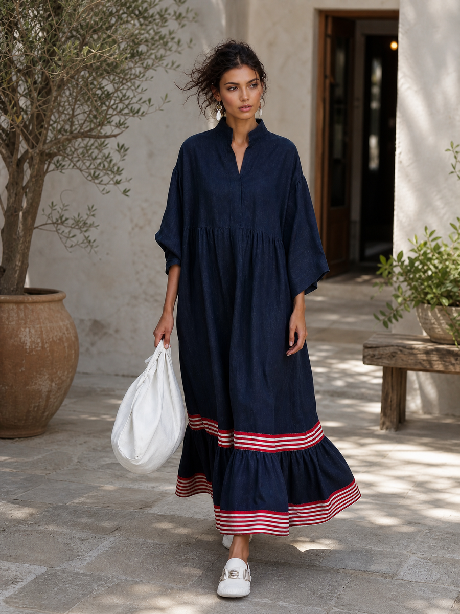 Women's Minimalist Linen-Blend Long-Sleeve Maxi Dress With Striped Hem Panel