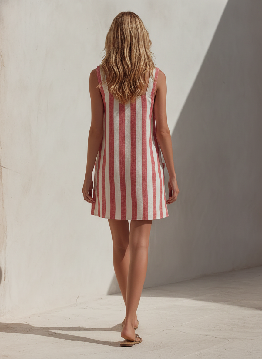 Women's Red & White Striped Linen-Blend Mini Dress With Square Neck And Patch Pockets