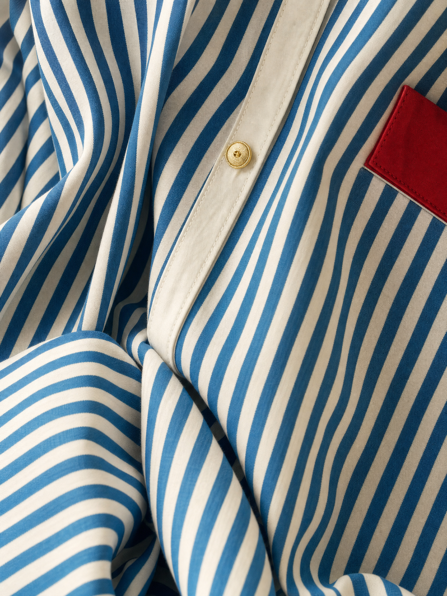 Women's Blue And White Cotton Striped Shirt Dress With Red Chest Pocket