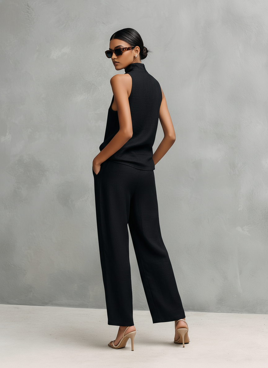Women's Elegant Black Cotton And Linen Round-neck Sleeveless Top And Trousers Set