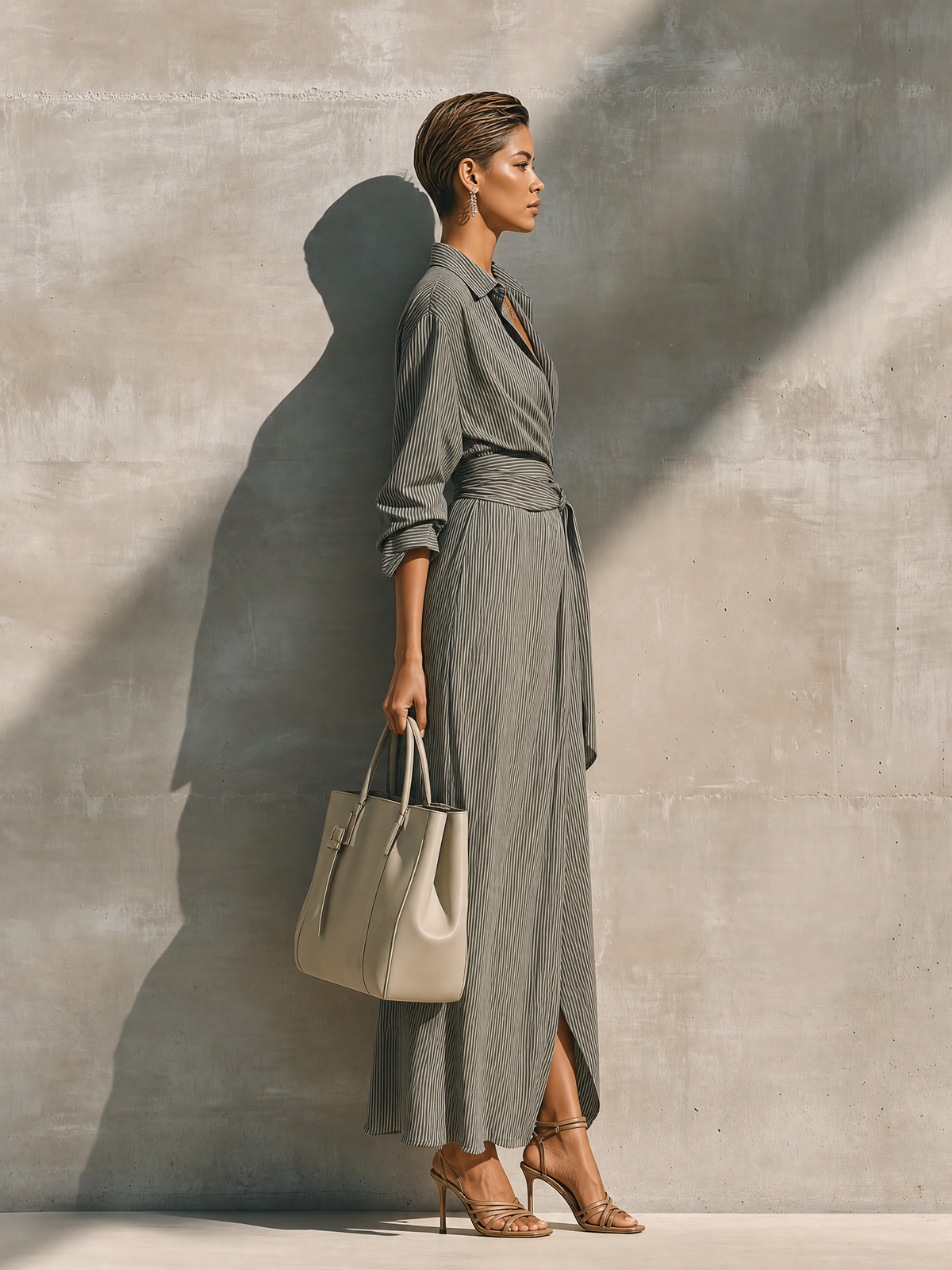 Women's Grey White Vertical Stripe Cotton Blend Collared Wrap Tie Waist Side Pocket Maxi Shirt Dress