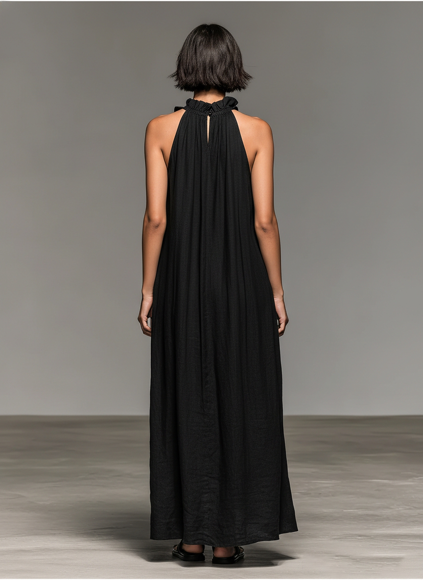 Women's Sleeveless Maxi Dress in Minimalist Linen Blend with Ruffle Details