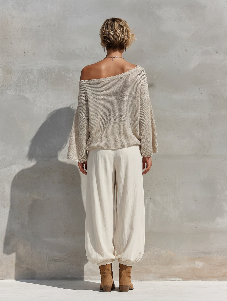 Women's Shimmer Knit Off Shoulder Batwing Sleeve Loose Top White Elastic Cuff Wide Leg Jogger Pants Two Piece Set