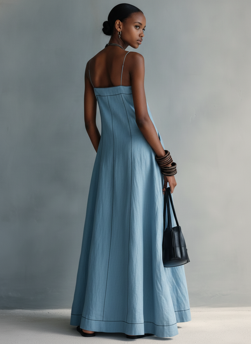 Women's Casual Blue Cotton-linen Sleeveless Camisole Maxi Dress