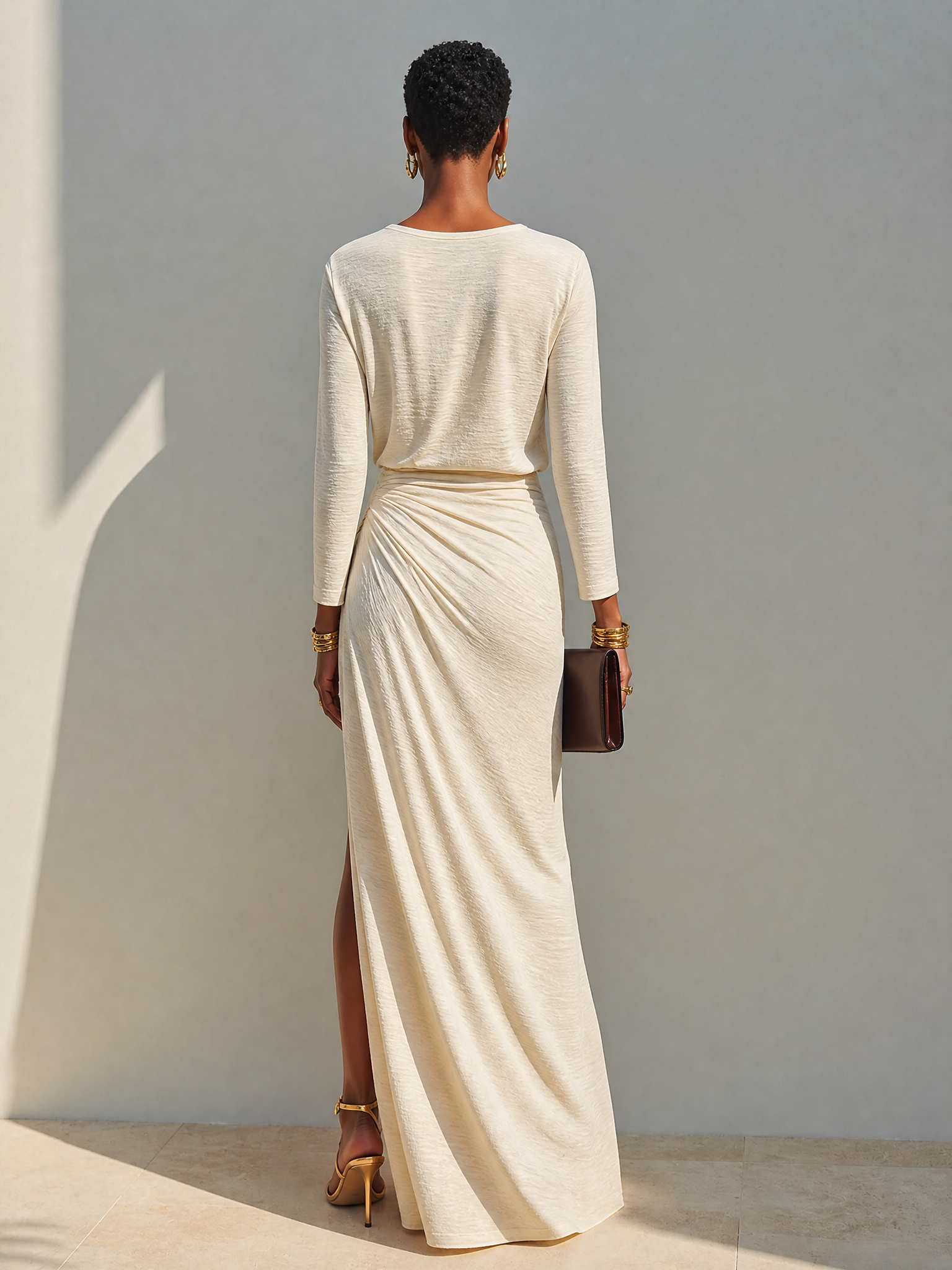 Women's Beige Cotton-Blend Crew-Neck Ruched Slit Maxi Dress