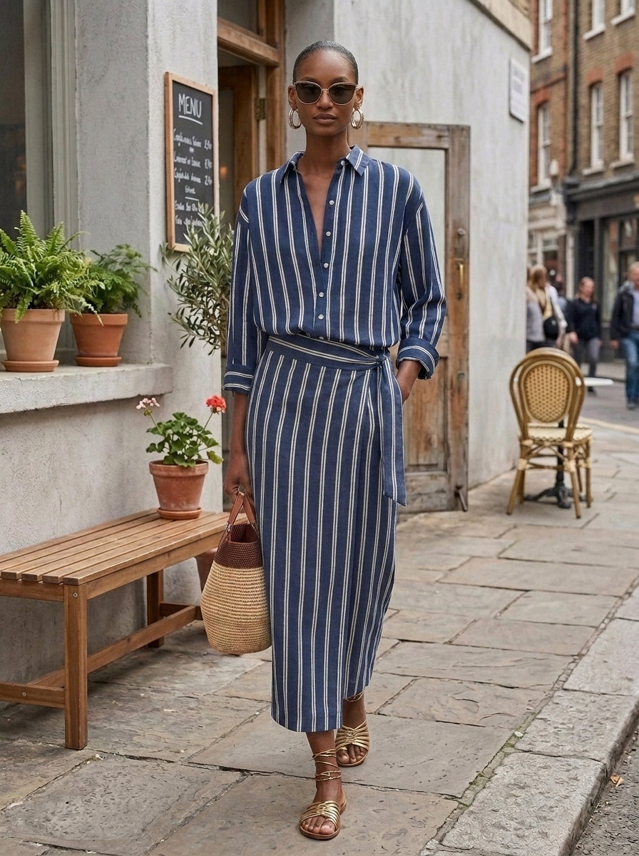 Women's Royal Blue White Stripe Cotton-Blend Co-Ord With Button Front Blouse & Elastic Waist Straight Maxi Skirt, Effortless-Chic Summer Daily Outfit