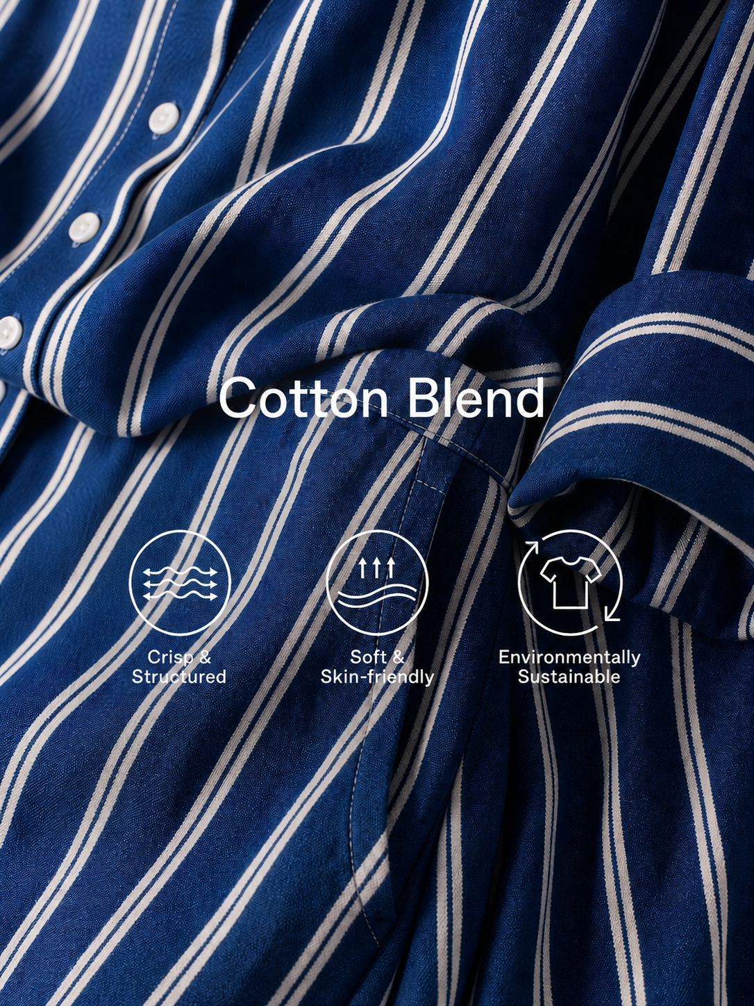 Women's Royal Blue White Stripe Cotton-Blend Co-Ord With Button Front Blouse & Elastic Waist Straight Maxi Skirt, Effortless-Chic Summer Daily Outfit