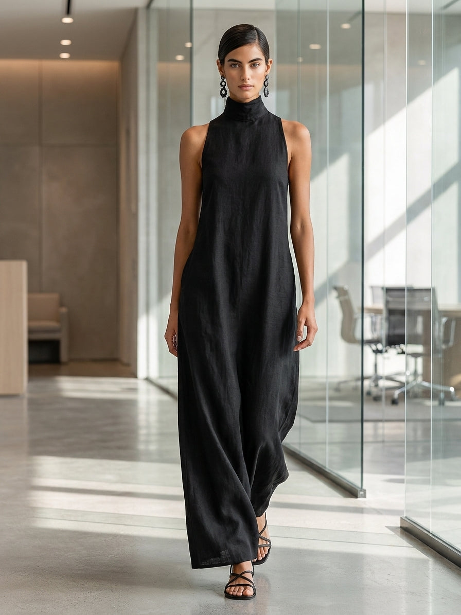 Women's Black Linen-Blend Maxi Dress With High Neck & Side Pockets, Timeless Minimalist Casual Dress