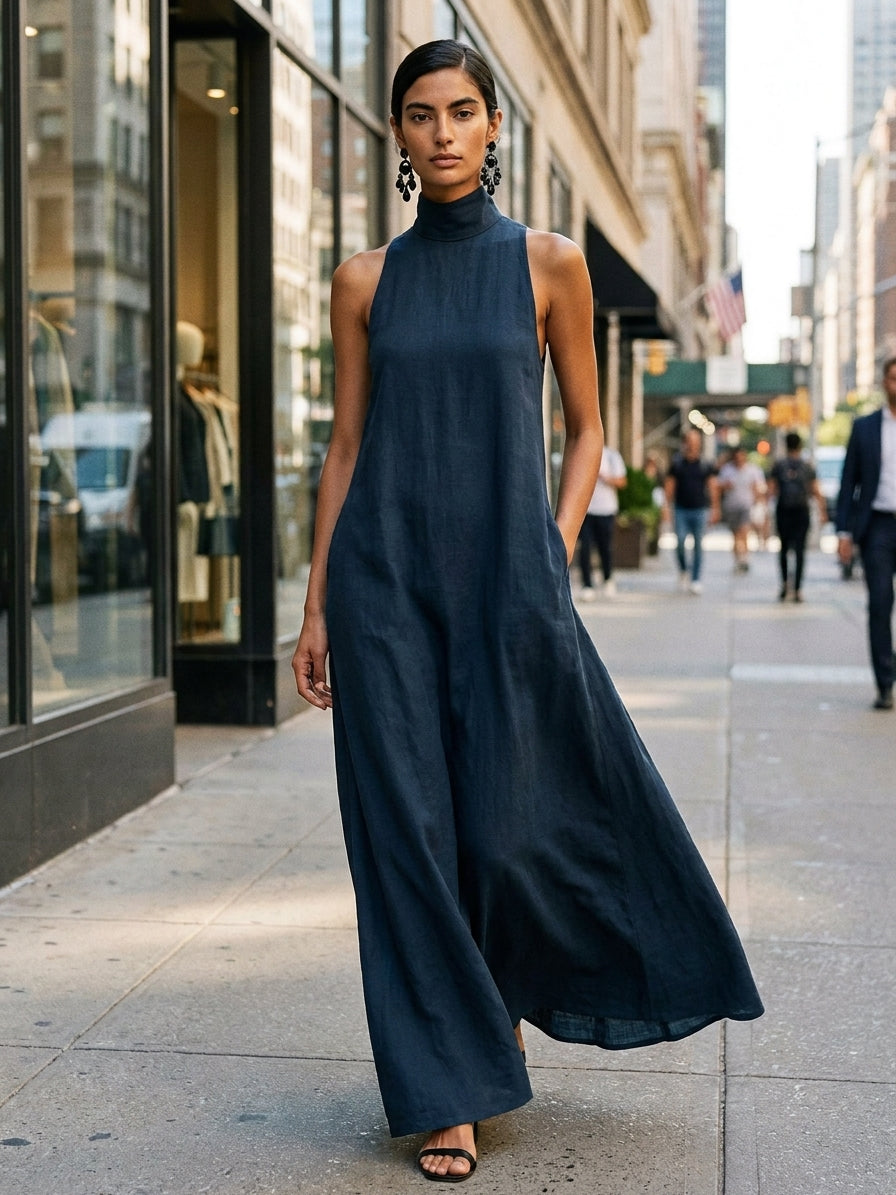 Women's Black Linen-Blend Maxi Dress With High Neck & Side Pockets, Timeless Minimalist Casual Dress
