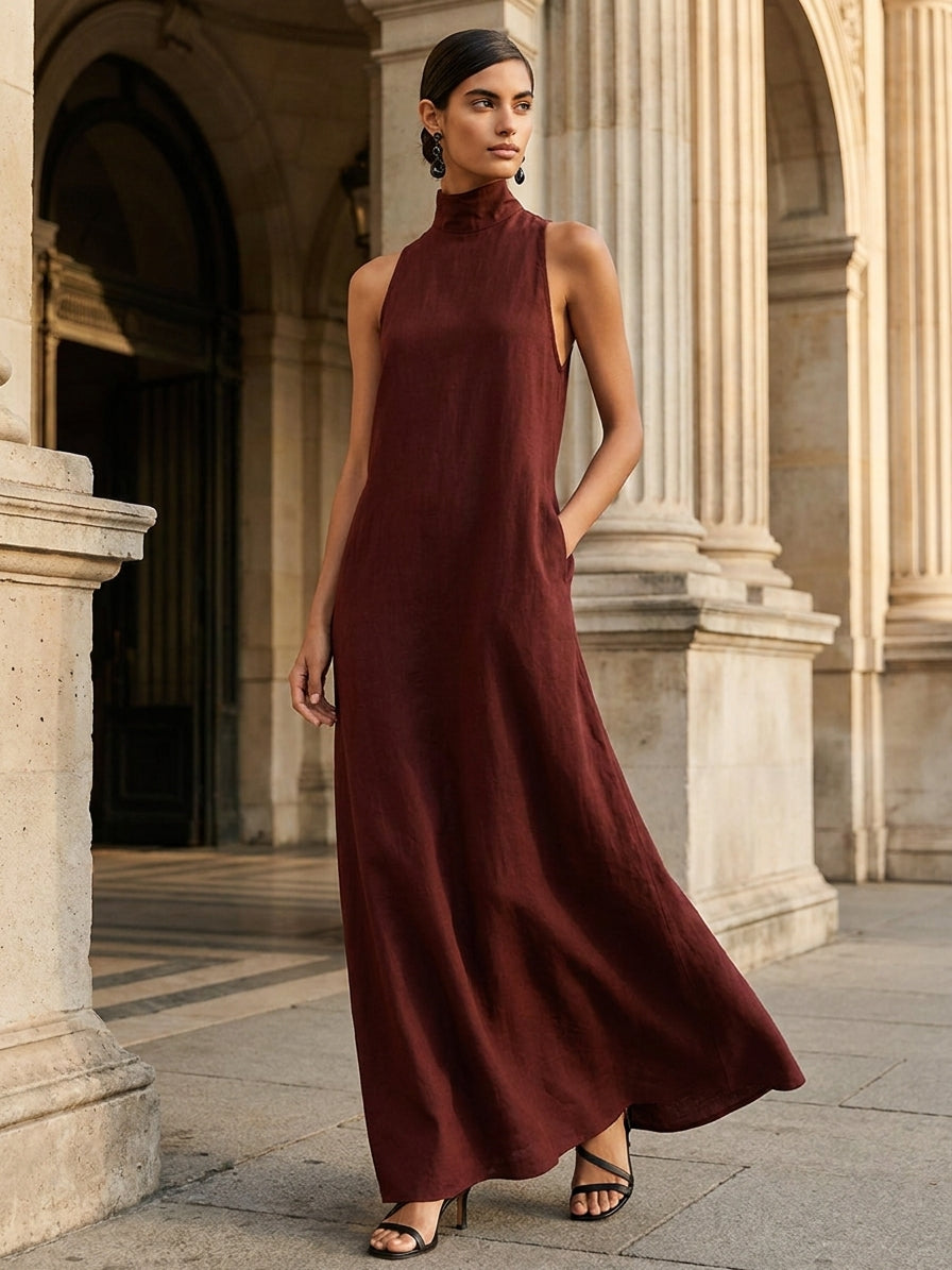 Women's Black Linen-Blend Maxi Dress With High Neck & Side Pockets, Timeless Minimalist Casual Dress
