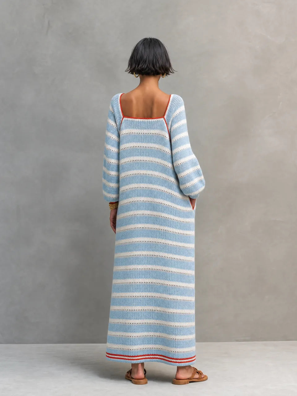 Women's Minimalist Striped Square-Neck Long-Sleeve Maxi Sweater Dress