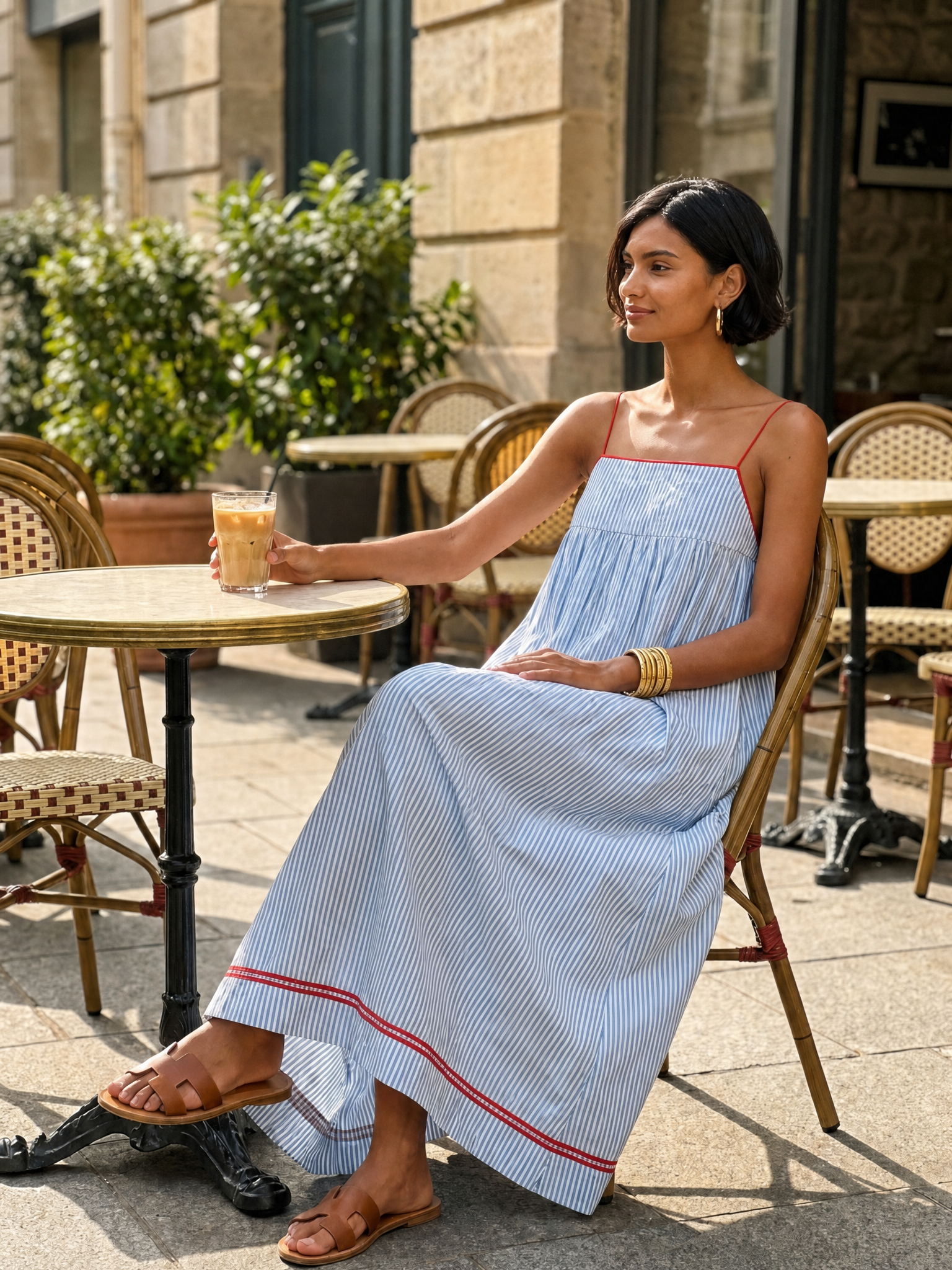 Women's Minimalist Striped Maxi Dress With Red Trim And Spaghetti Straps