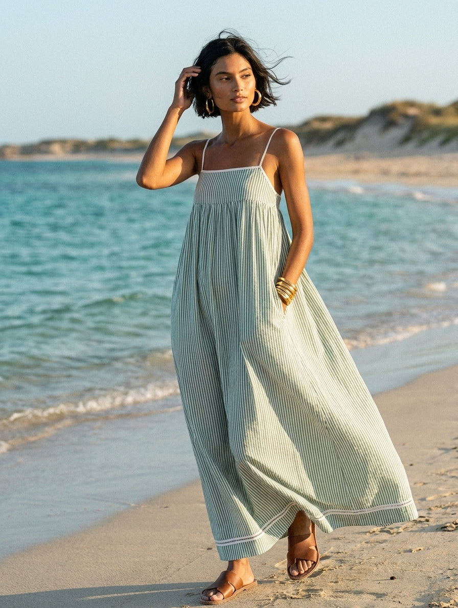 Women's Minimalist Striped Maxi Dress With Red Trim And Spaghetti Straps