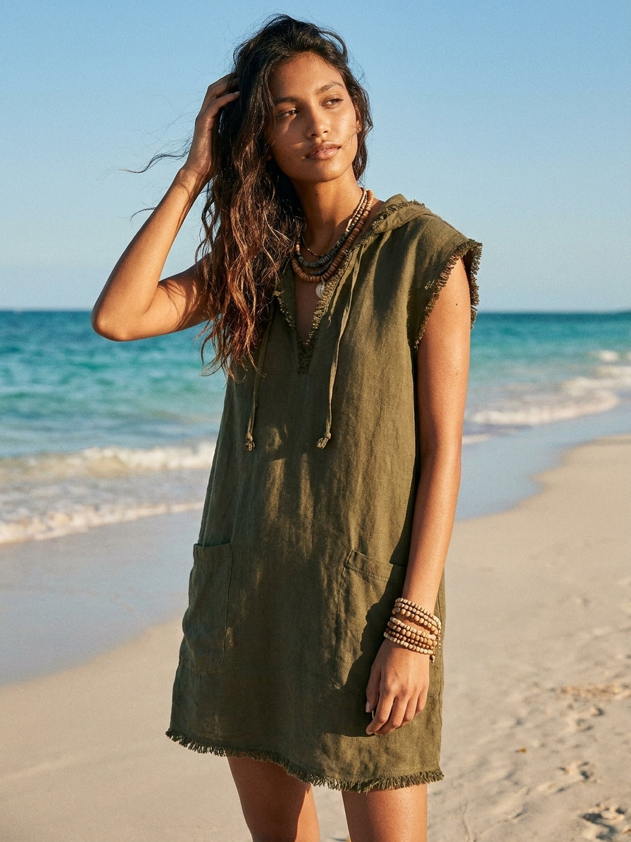 Women's Minimalist Linen-Blend Mini Dress — Hooded, Sleeveless, Raw Hem