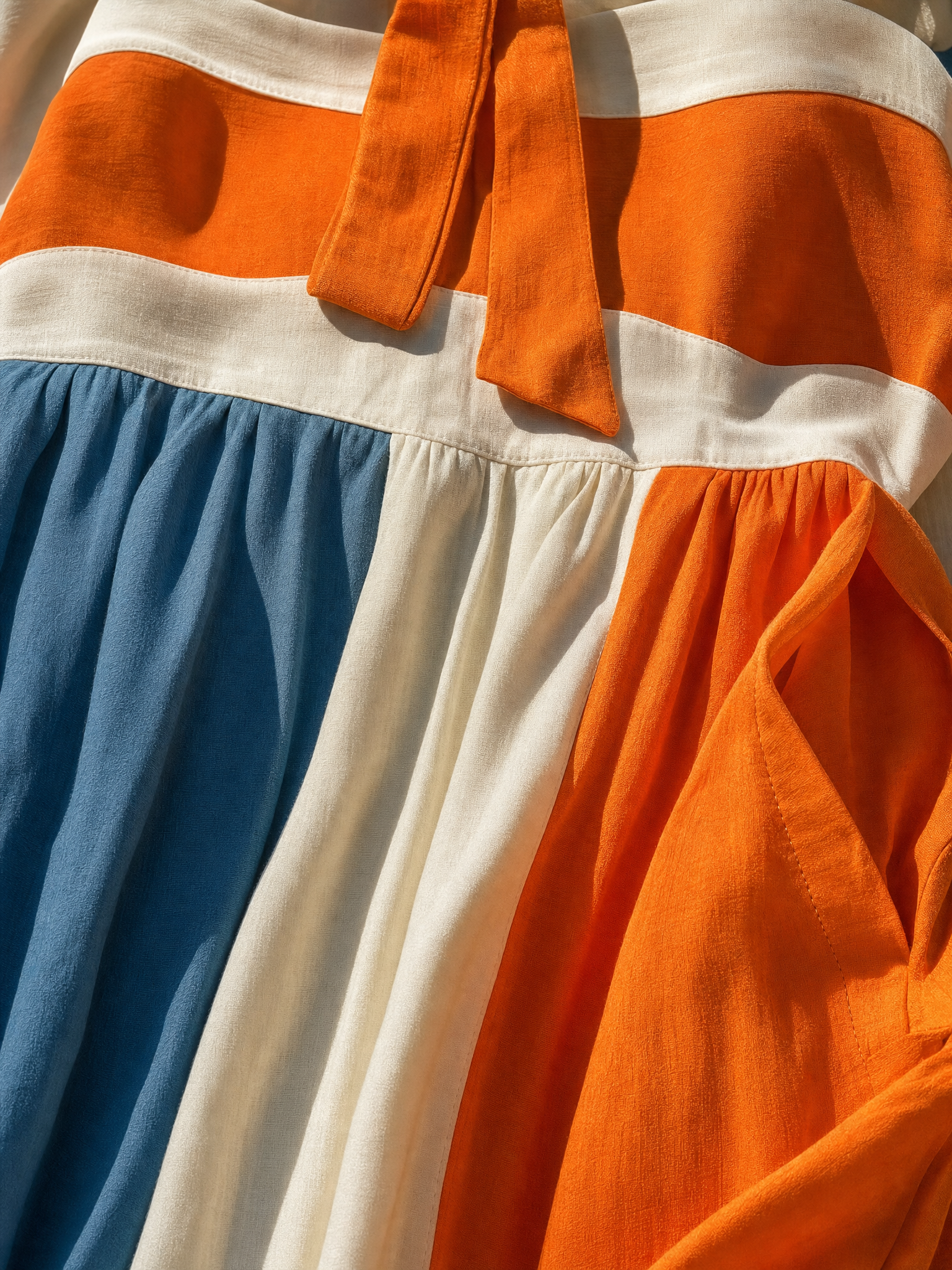 Women’s Orange White Blue Color Block Halter Keyhole Strapless Smocked Bodice Pleated Maxi Dress