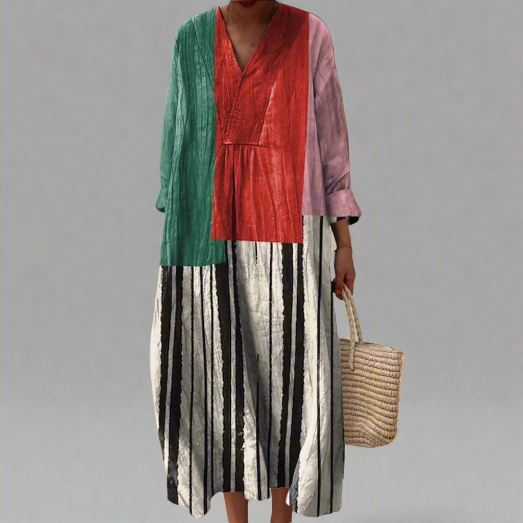 Harriet | Vestido maxi de algodón con bloques de color y rayas