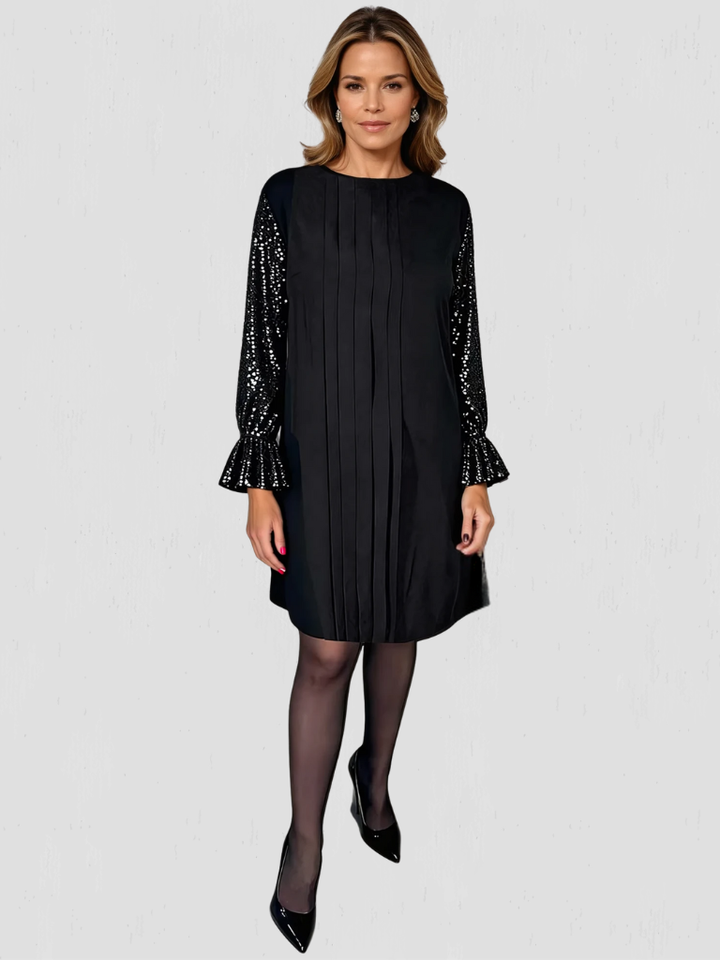 MEGAN PLEATED SEQUIN-SLEEVE DRESS