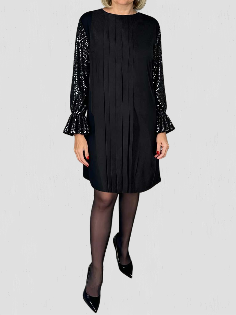 MEGAN PLEATED SEQUIN-SLEEVE DRESS