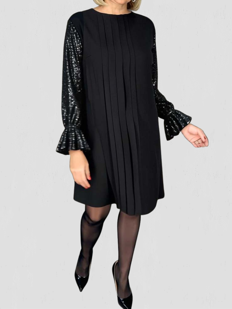 MEGAN PLEATED SEQUIN-SLEEVE DRESS