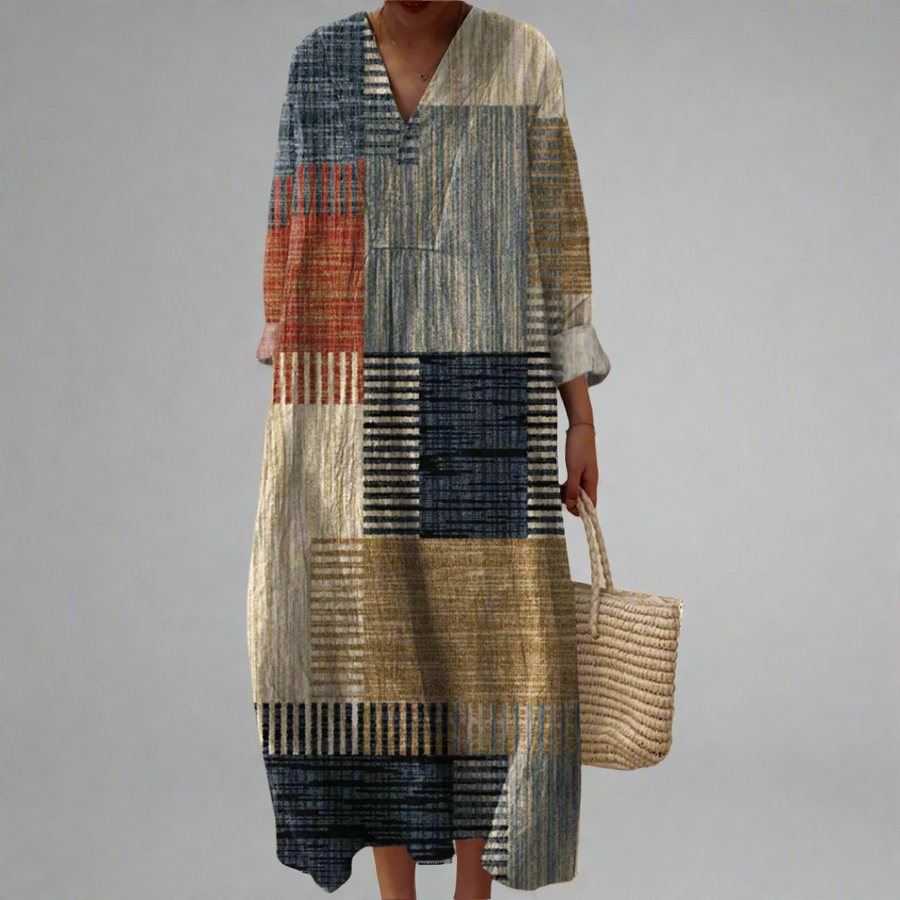 Olivia | Vestido Maxi Relajado de Parche en Tonos Tierra