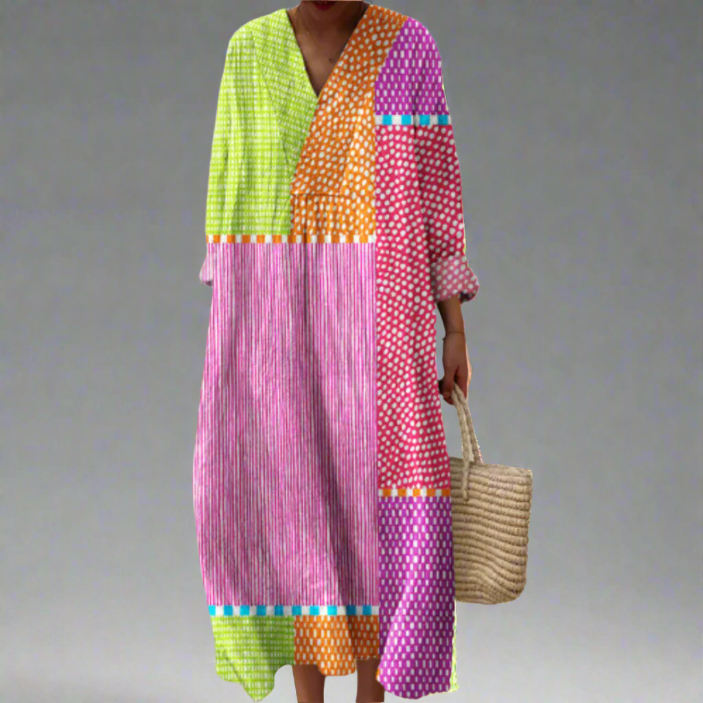 Luna | Vestido maxi de patchwork con lunares