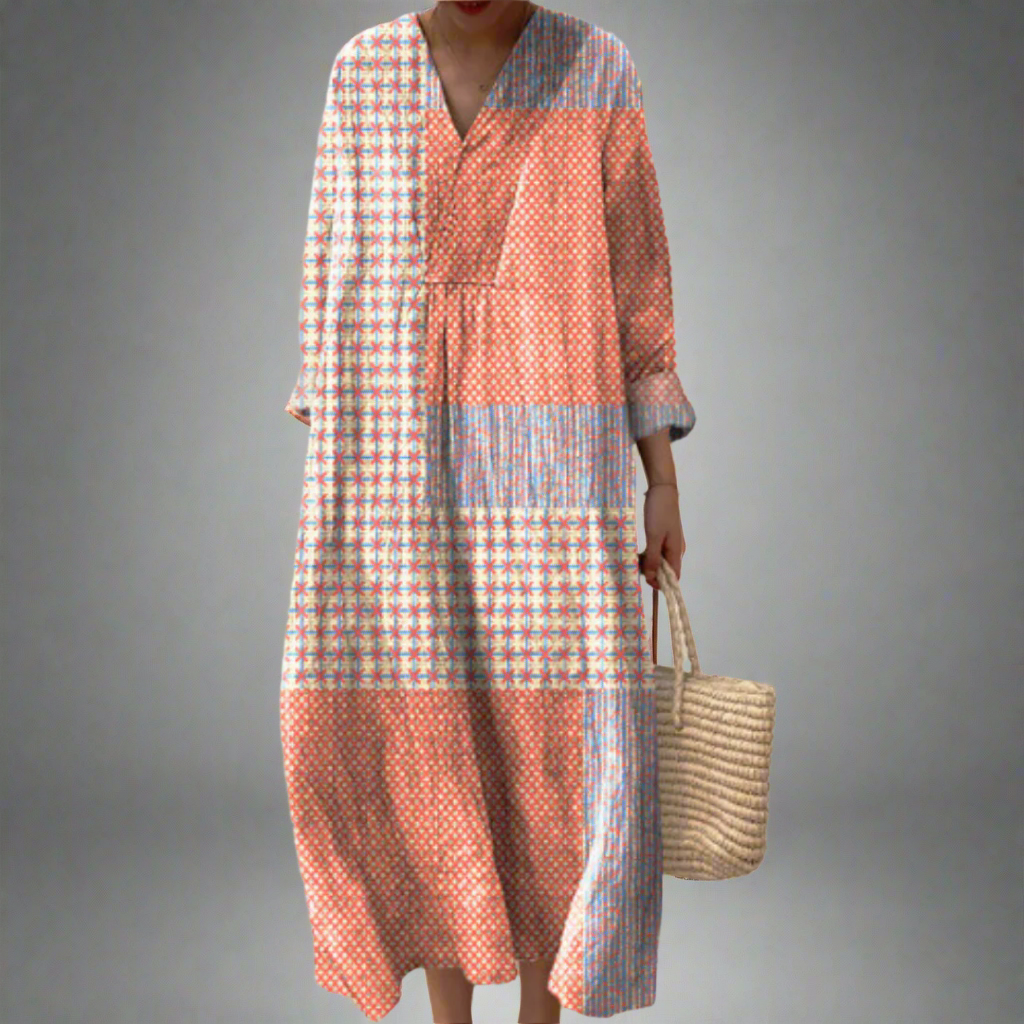 Nora | Vestido midi de patchwork con estallido coral