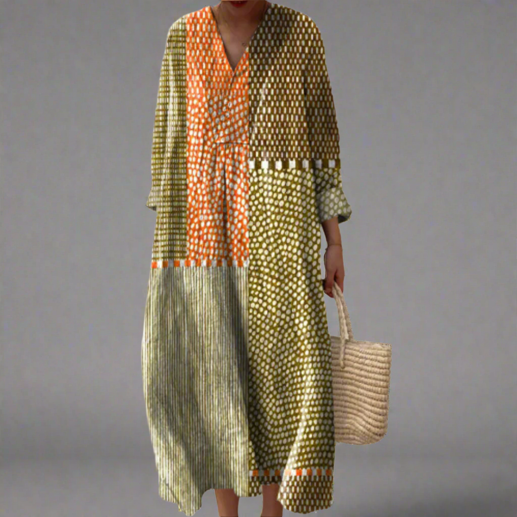 Grace | Vestido midi de patchwork con puntos en tonos tierra