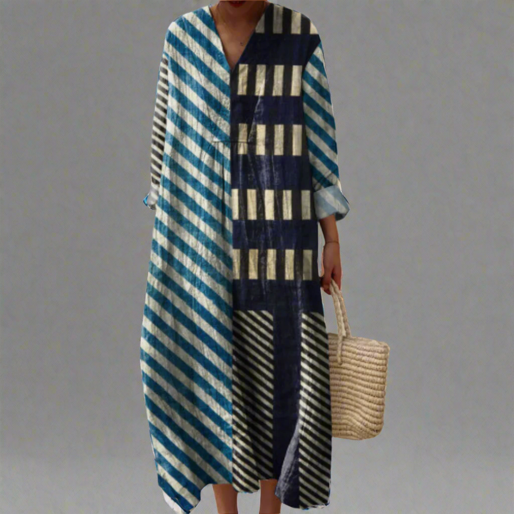 Mia | Vestido midi moderno de patchwork con rayas