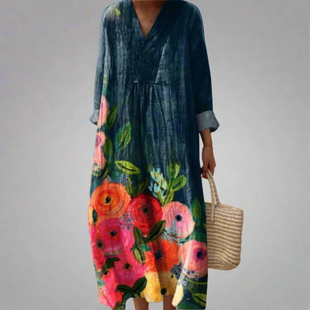 Olivia | Robe longue en coton à motif floral aquarelle