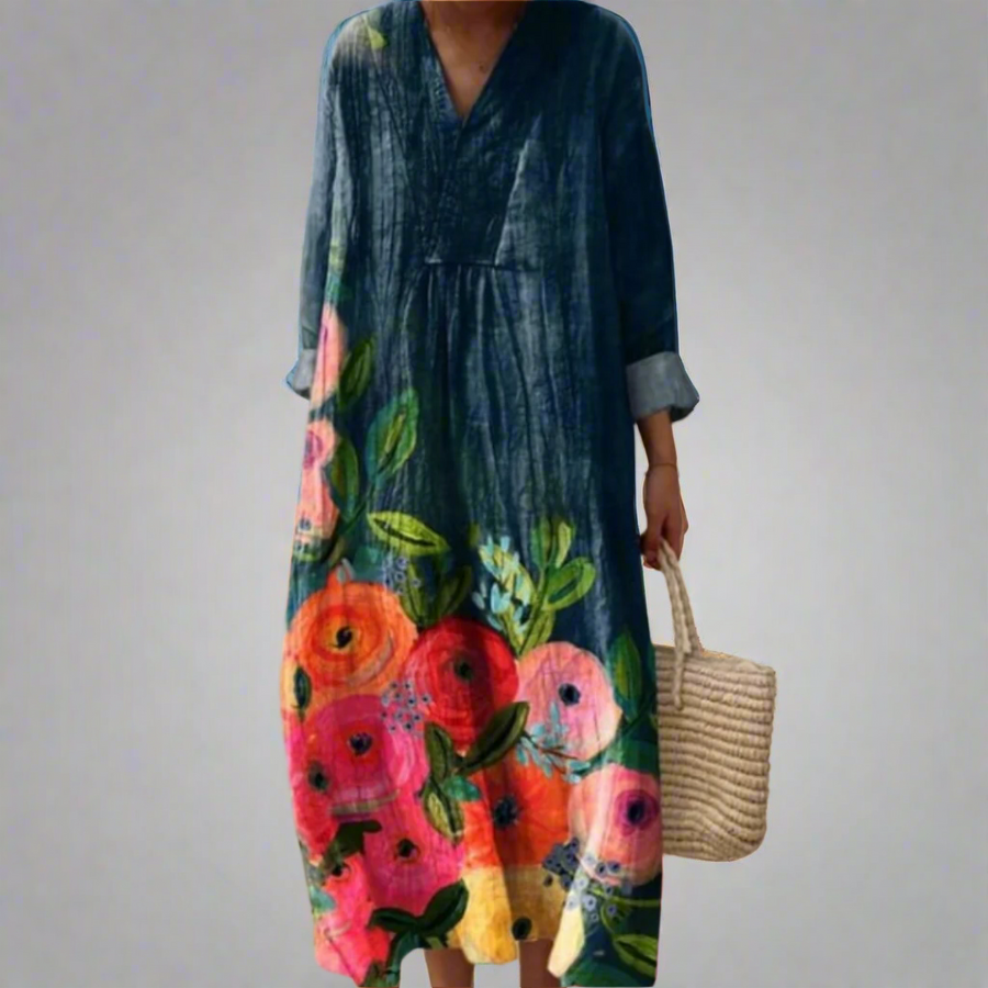 Olivia | Vestido Maxi de Algodón con Estampado Floral Acuarela
