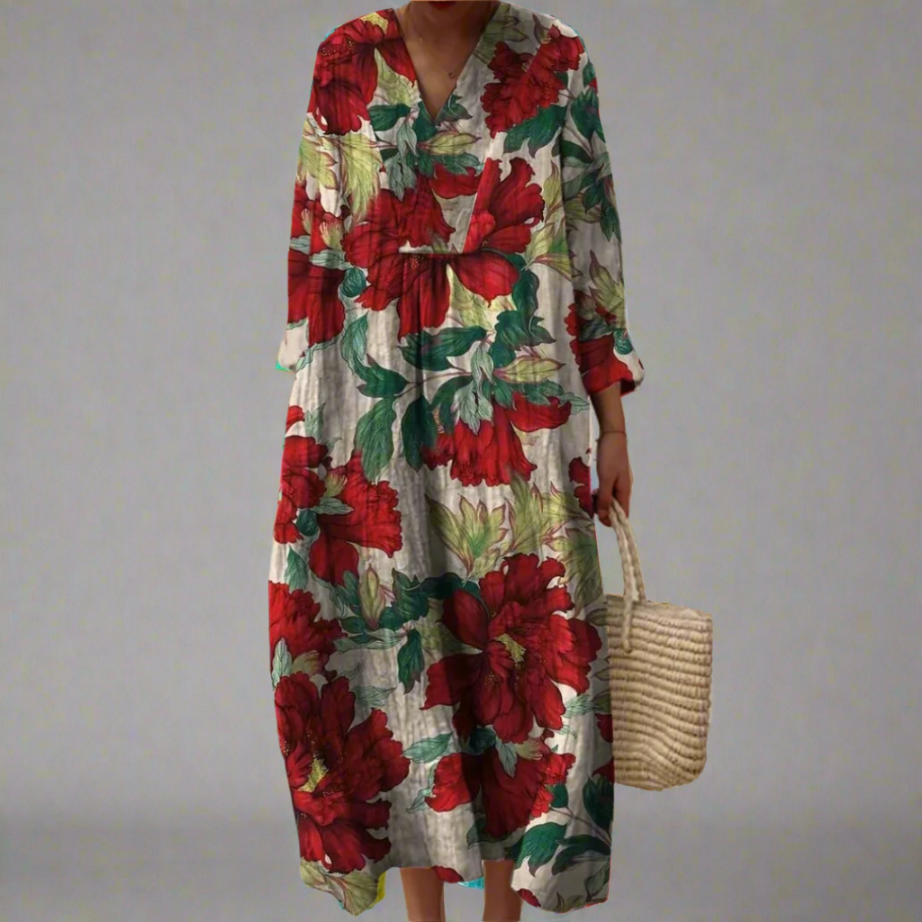 Evelyn | Vestido maxi relajado con estampado audaz de peonías