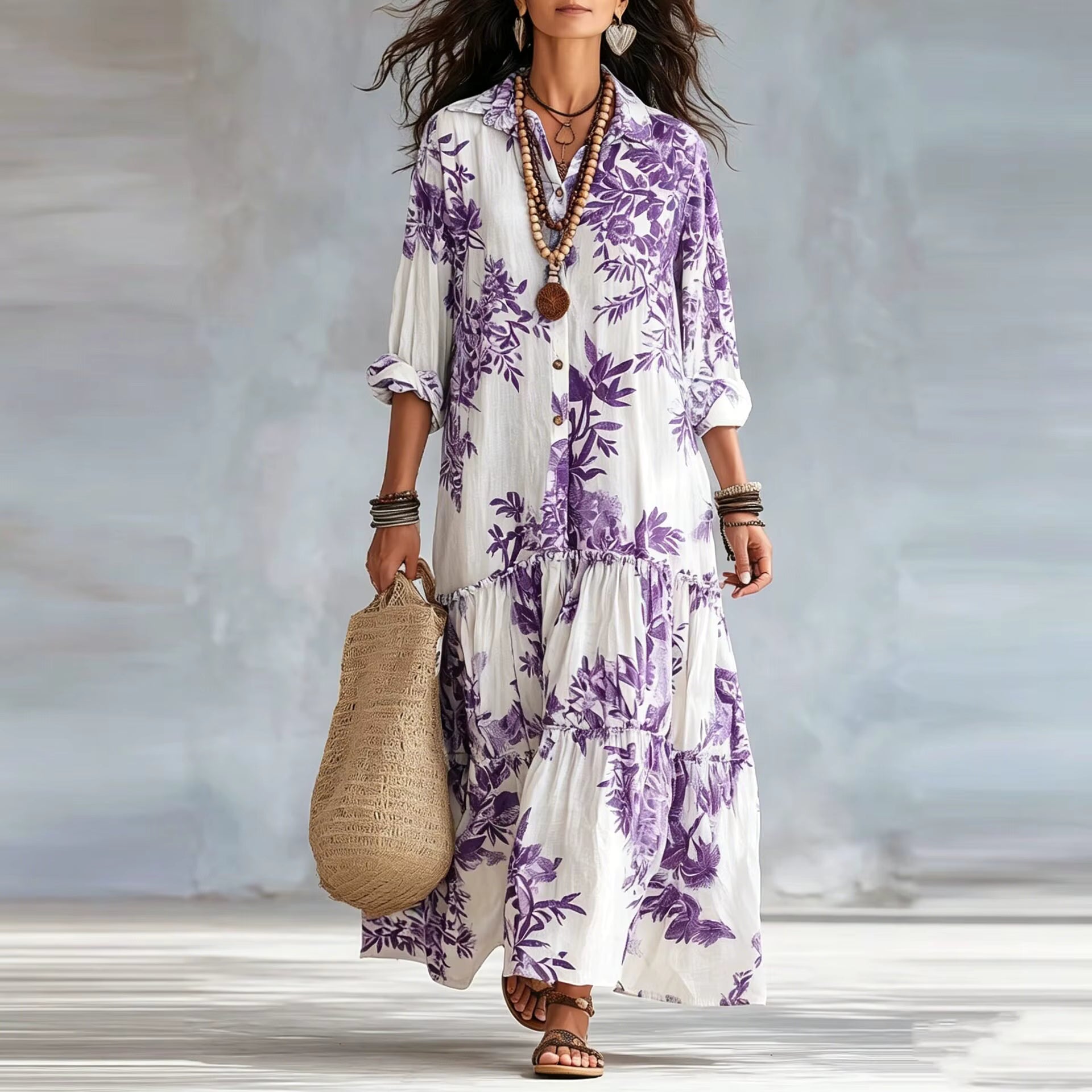 Thealise - Lightweight Button-Front Floral Maxi Dress